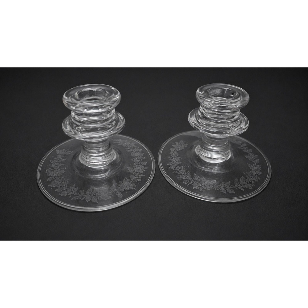 matching pair of vintage Fostoria clear crystal single-light candlestick holders